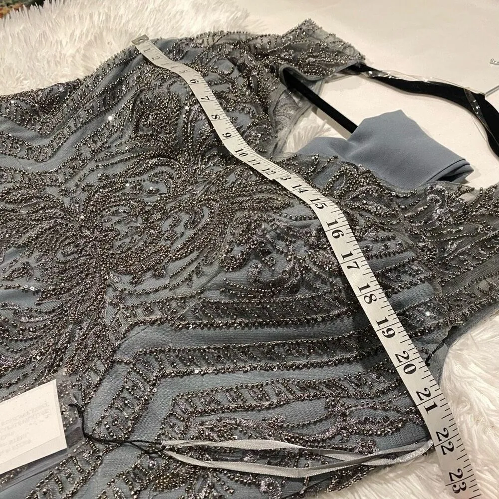 NEW MGNY by Mori Lee Embellished Bodice Cap Sleeve Maxi Dress Gown in Steel Gray Size 16 - Image 5