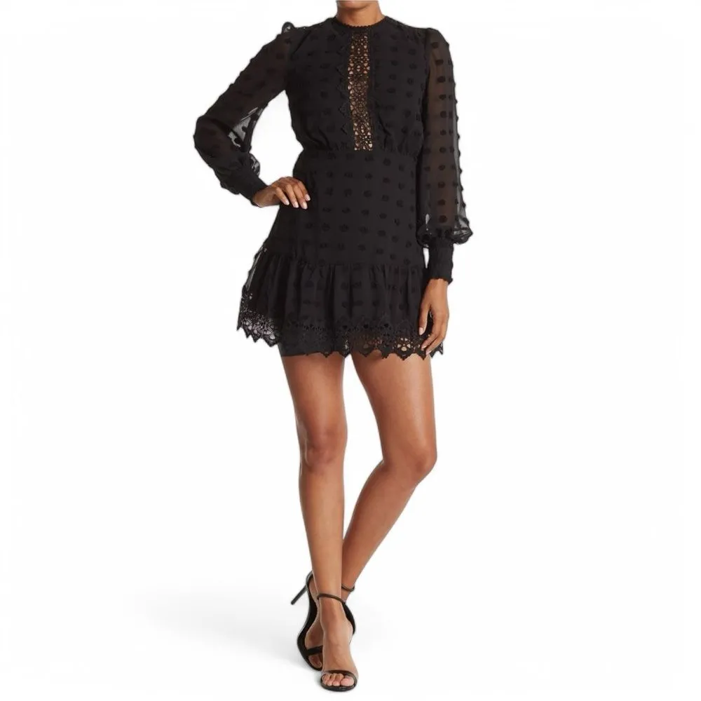 Love By Design Black Swiss Dot Chiffon Lace Trim Cocktail Dress - M - Image 2