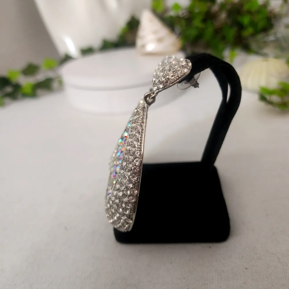 Large Silver Teardrop Statement Earrings AB and Clear Crystal - Image 4
