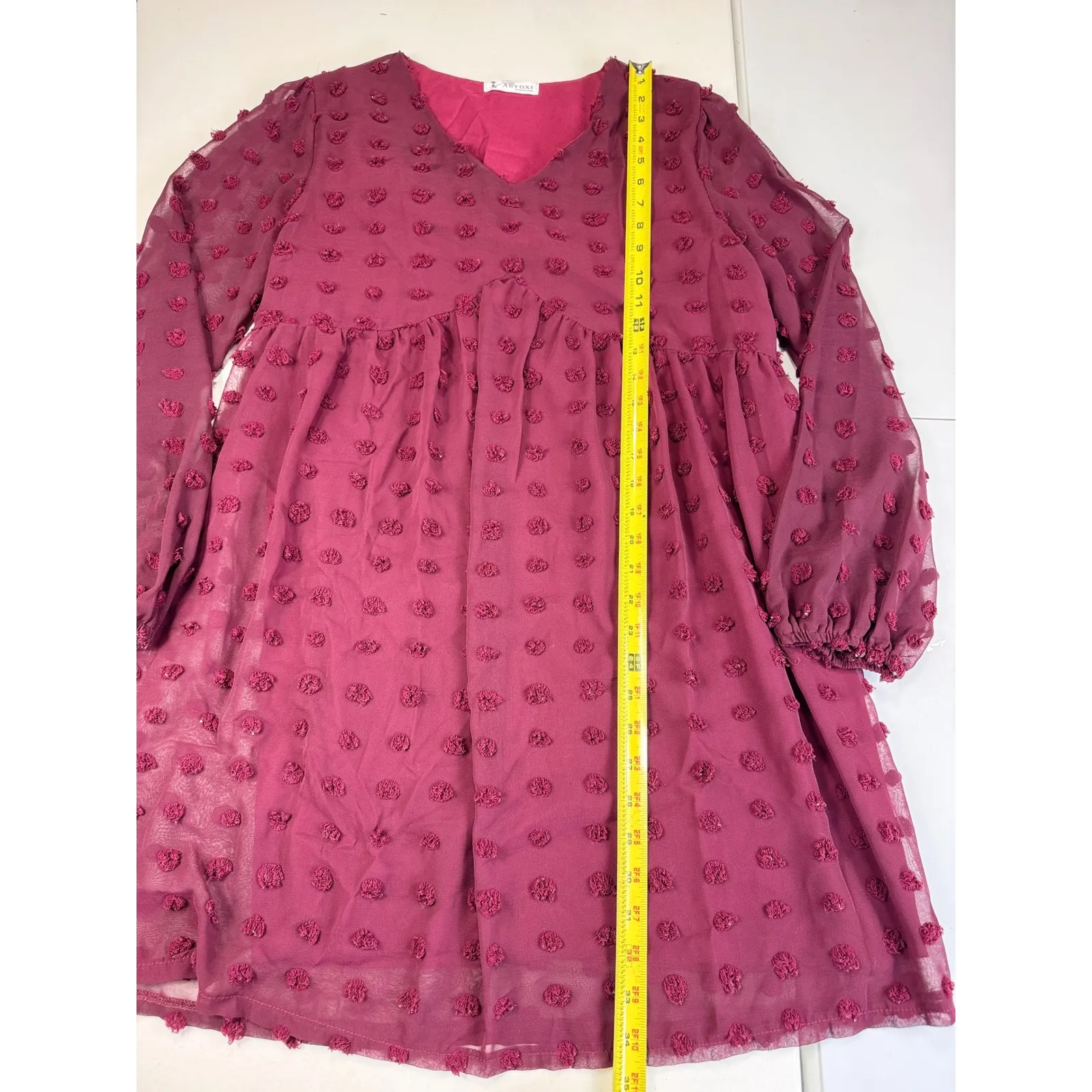 ABYOXI Burgundy Pom‎ Pom Swiss Dot Babydoll Mini Dress Long Sleeve Medium Red - Image 4