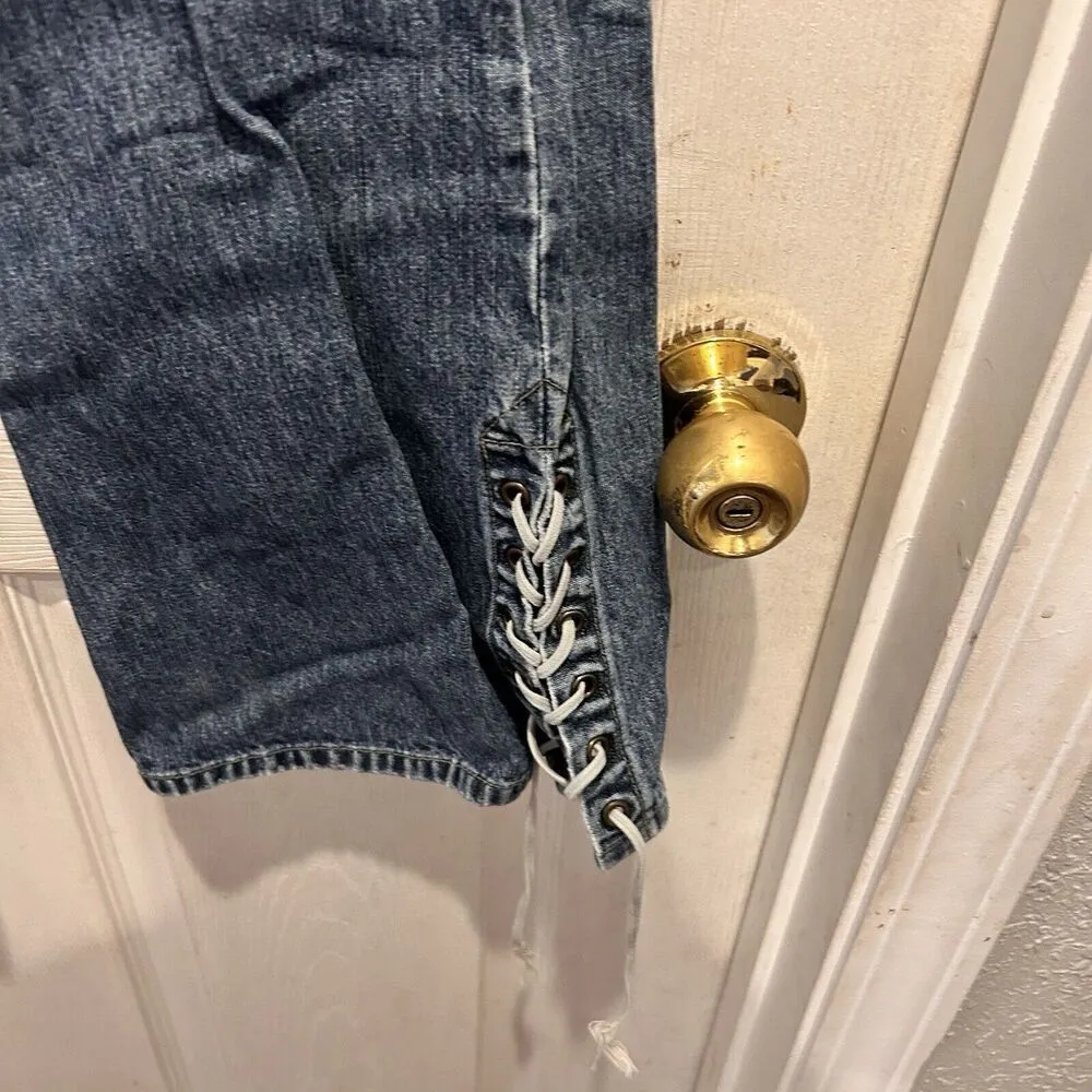 Vintage Unionbay Jeans Blue‎ Flare Low Rise Lace Up Tie Hems Y2K Size 5 Grunge - Image 3