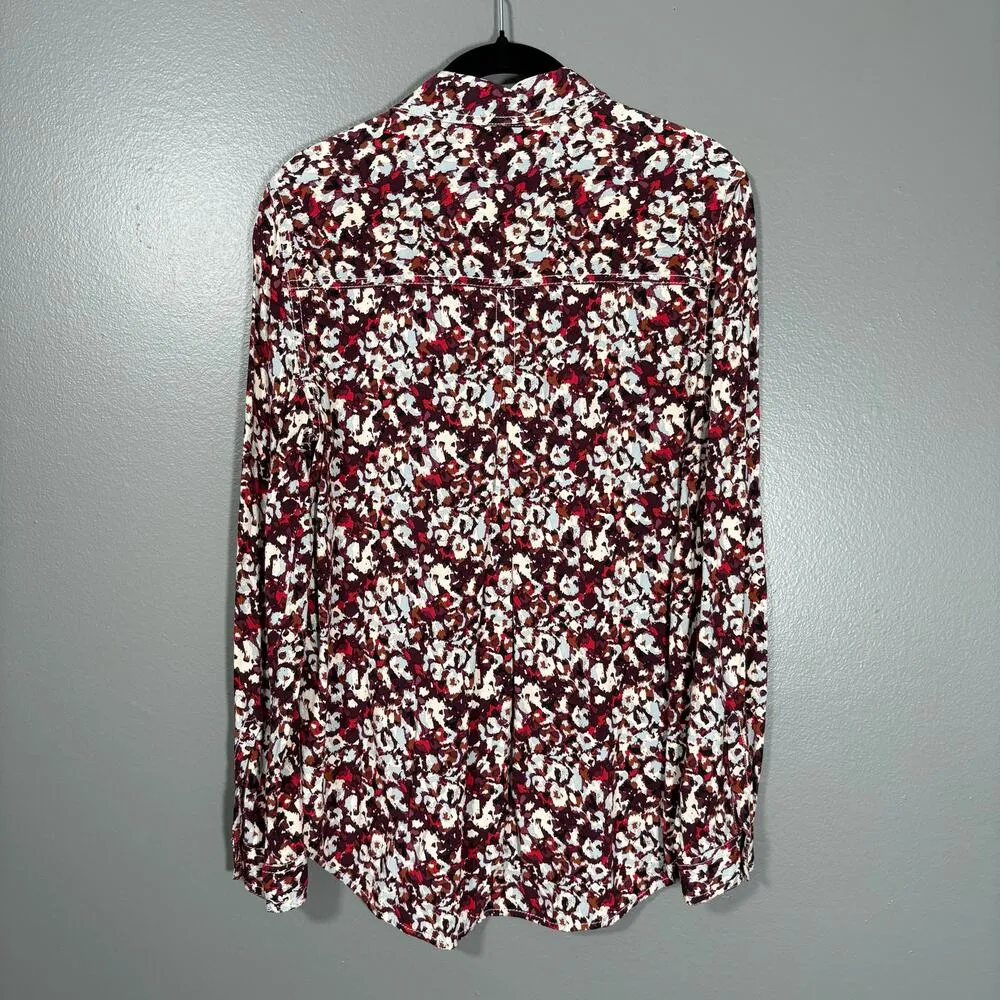 Beach Lunch Lounge Burgundy Abstract Floral Button Up Shirt - Size Small - Artsy - Image 5
