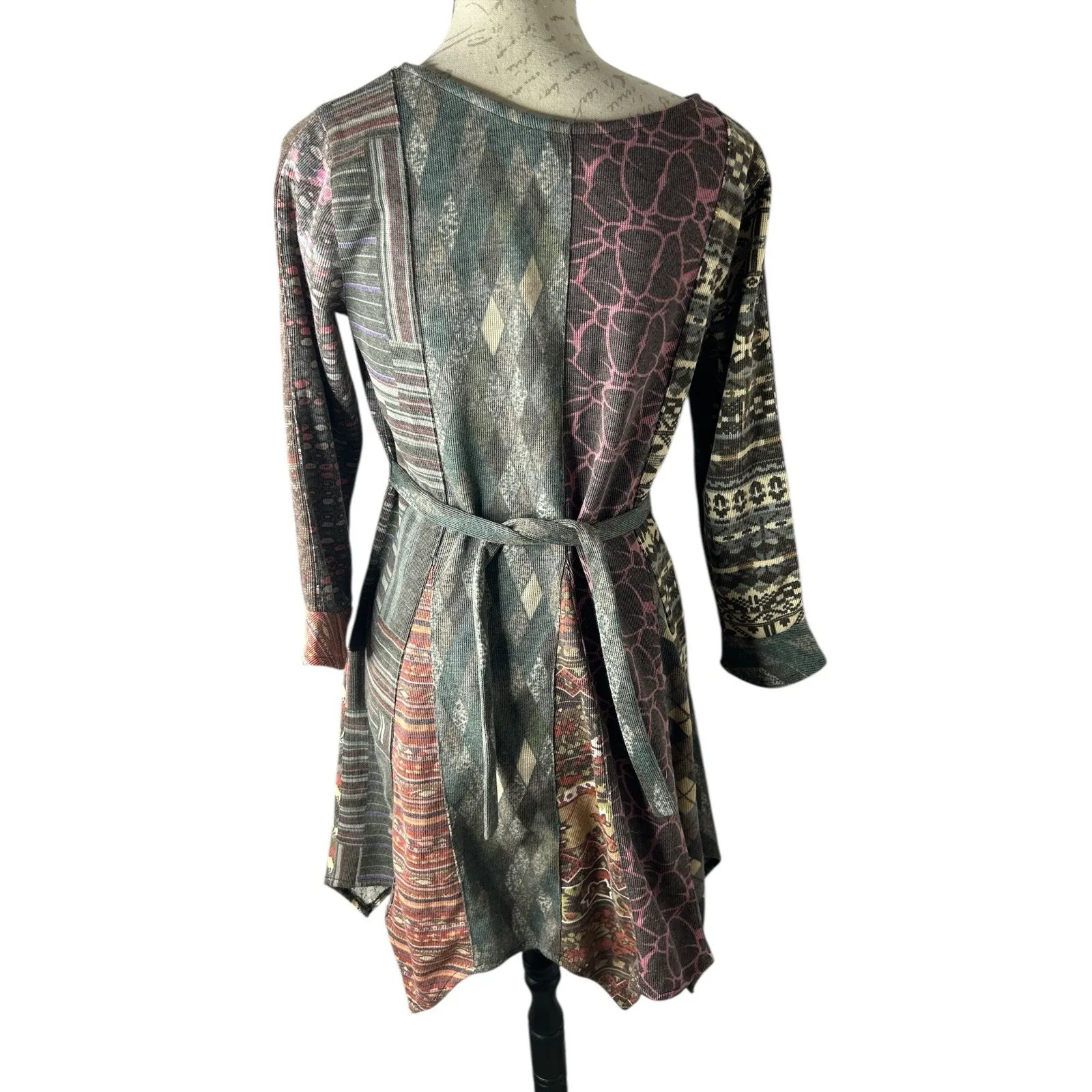 Sacred Threads Long Sleeve Dress Muted Mixed Print Zig Zag Hemline Size Medium - Image 4