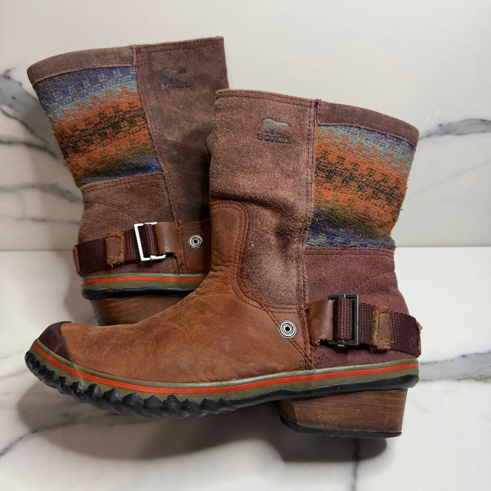 Sorel Wmns Brown Waterproof Leather Slimshortie Chevron Boot Sz 7 Blanket Style - Image 8