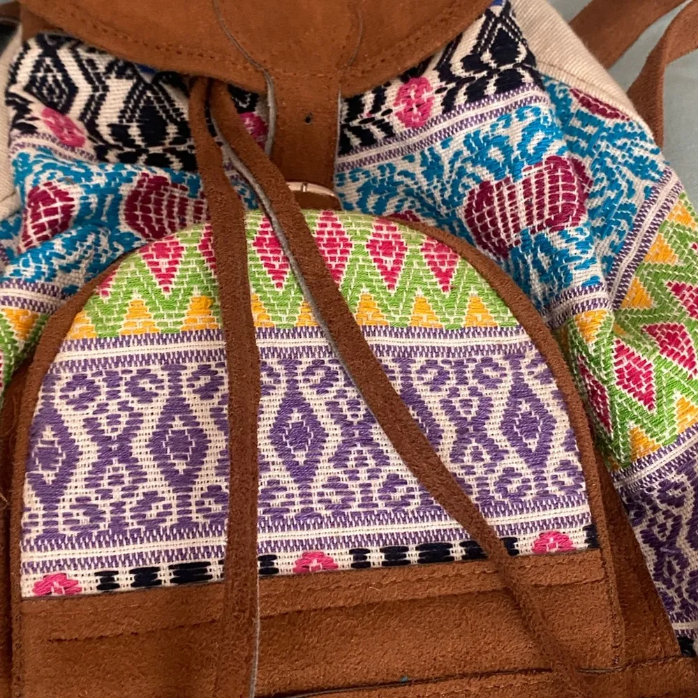Backpack Purse Sack Embroidered Boho Guatemalan Multicolor 12” H Tall Brown - Image 2