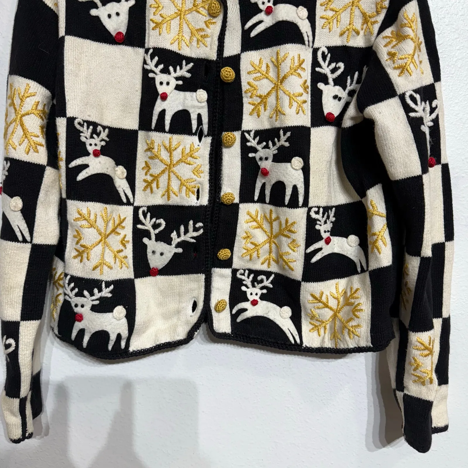 Michael Simon Checkered Reindeer Cropped Vintage Cardigan Sz S Black - Image 4