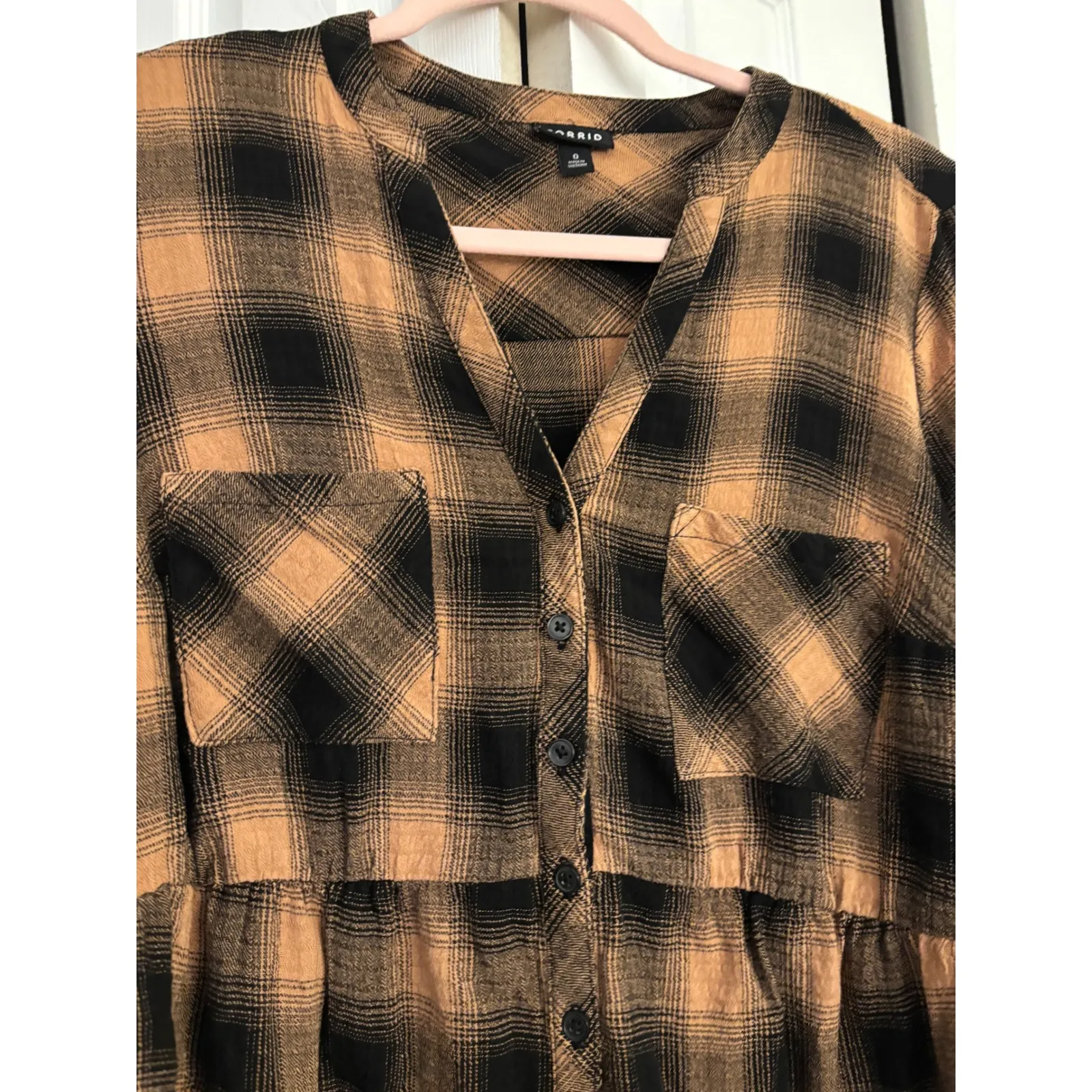 Torrid Black & Tan Plaid Peplum Flannel Top – Size 0 (Fits Like L/XL) - Image 7
