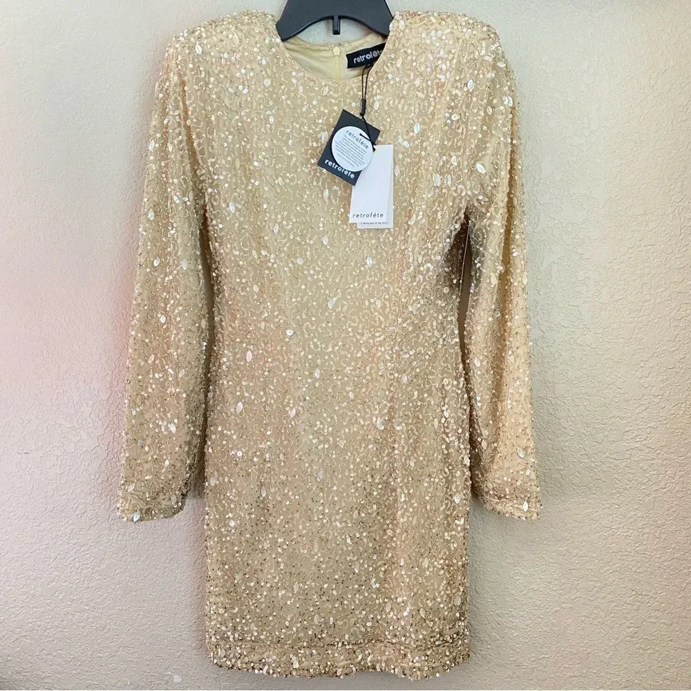 RETROFÊTE Nikki Sequin Long Sleeve Minidress in Sea Shell Size Small NWT Tan - Image 5