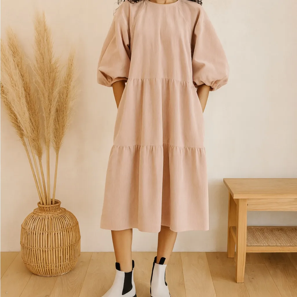 Everlane Tiered Corduroy Puff Sleeve Dress in Petal Pink - Image 10