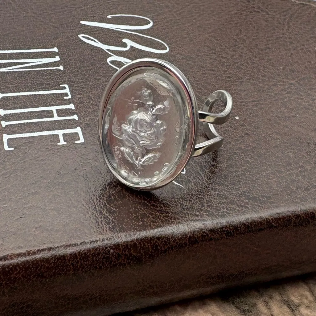 Vintage West Germany Glass Intaglio Floral Ring Adjustable Stainless Steel Silver - Image 7