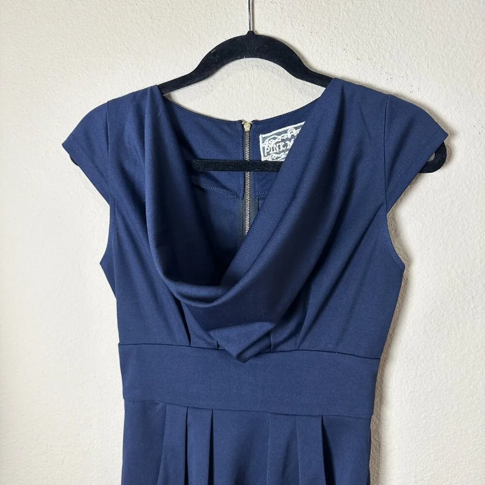 PINK MARTINI Navy Drape Neck Dress with Pockets Size Small - Image 3