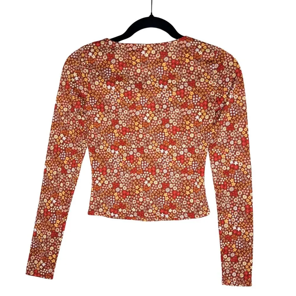 Floral Long Sleeve Criss Cross Crop Top Burnt Henna XS Bohemian New - Image 7