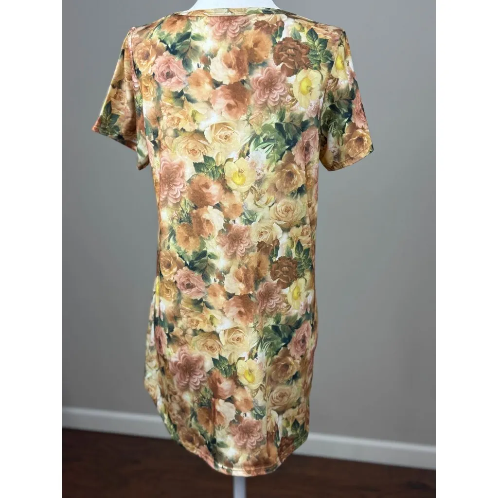 NEW LuLaRoe Womens Knit Tunic Top S Short Sleeve Brown Yellow Floral Scoop Neck - Image 2