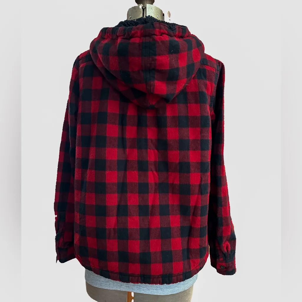 LL Bean Red Black Buffalo Plaid Flannel, Sherpa Lined, Zip Up, Jacket With Hood - Image 3