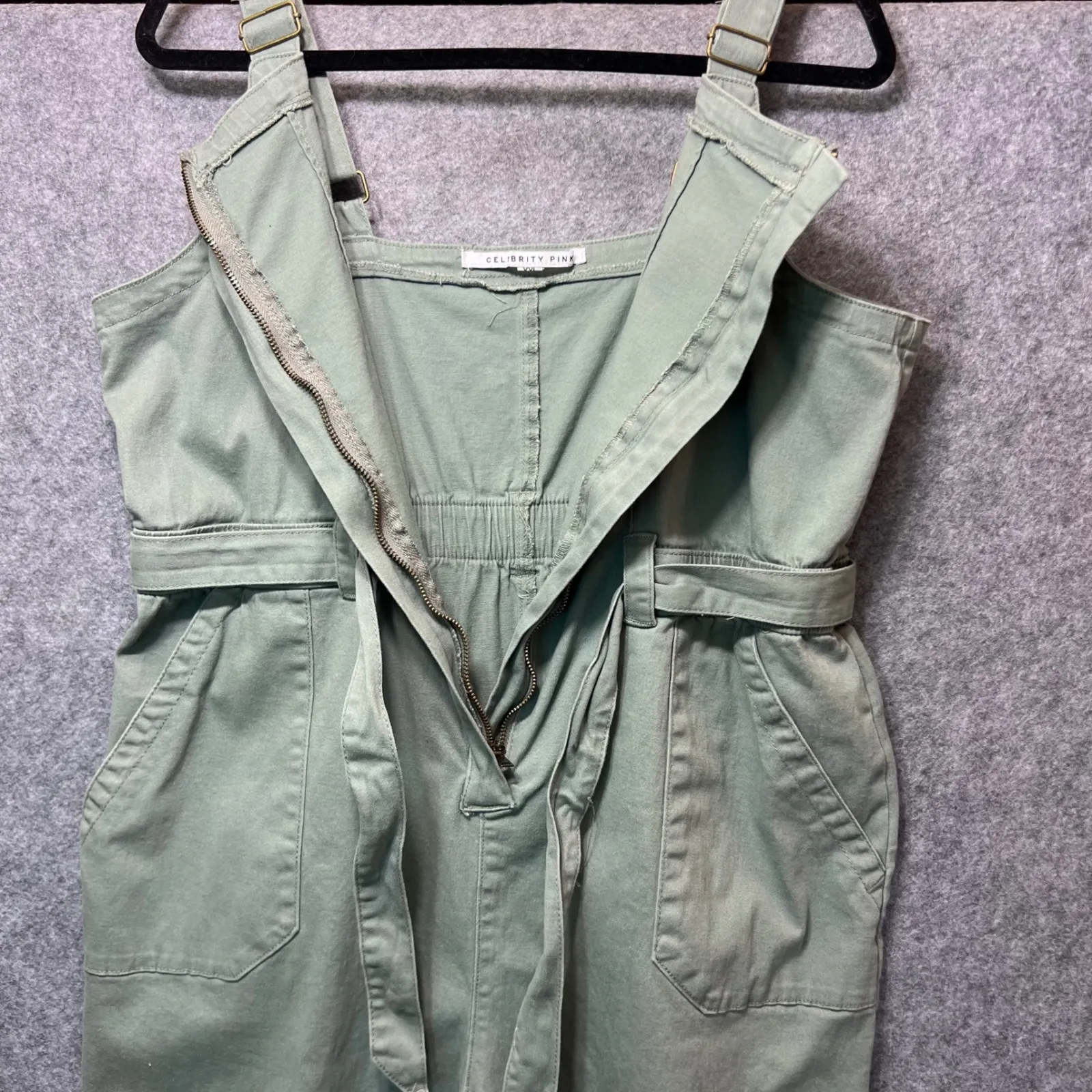Celebrity‎ Pink Overalls Green Utility Jumpsuit XXL Wide Leg Pockets Workwear - Image 3