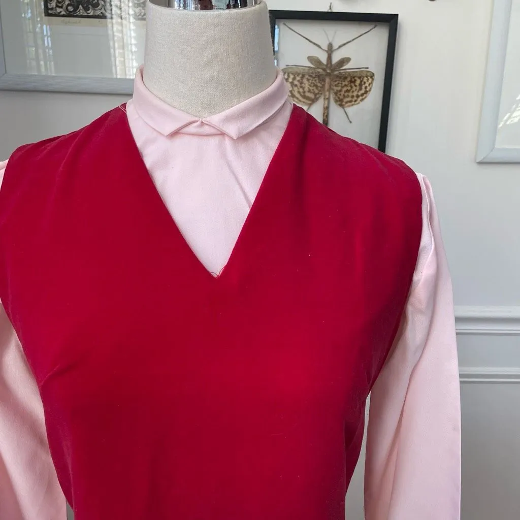 Vintage 60s Red Velveteen Shift Dress Pink Cropped Blouse XS - Image 3