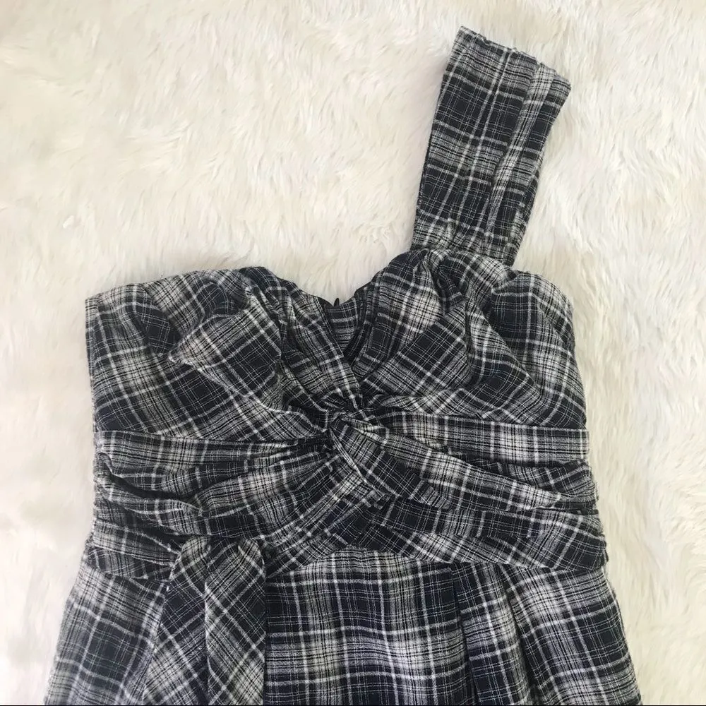 NANETTE LEPORE One Shoulder Cocktail Dress Mini  Sheath Draped Plaid Gray Size 6 - Image 4