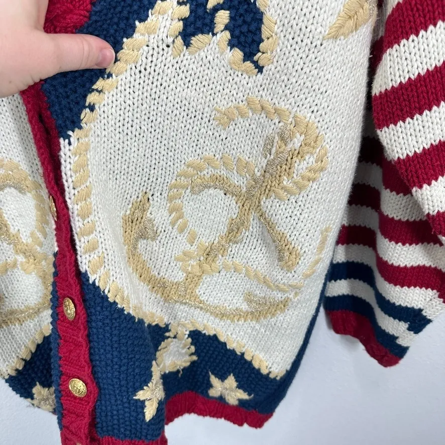 Casual Corner Limited Edition Nautical Anchor Star Striped Knit Cardigan Sweater Blue - Image 8