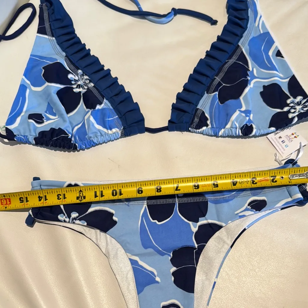 Women size Large Blue navy white hibiscus Floral triangle Bikini top set ruffles - Image 6