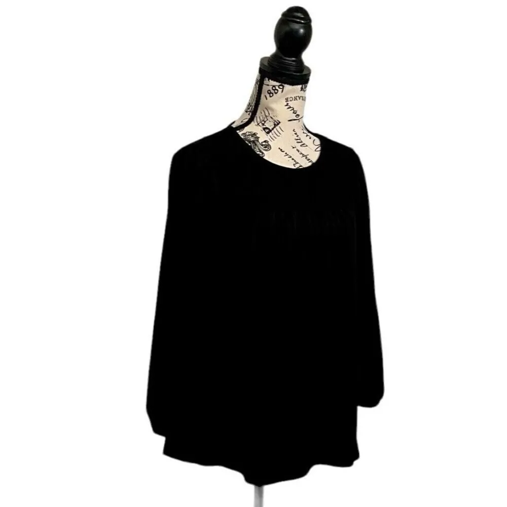 Adrianna Papell Black Smocked Crepe Blouse M – Goth Grunge Boho Dark Feminine - Image 3