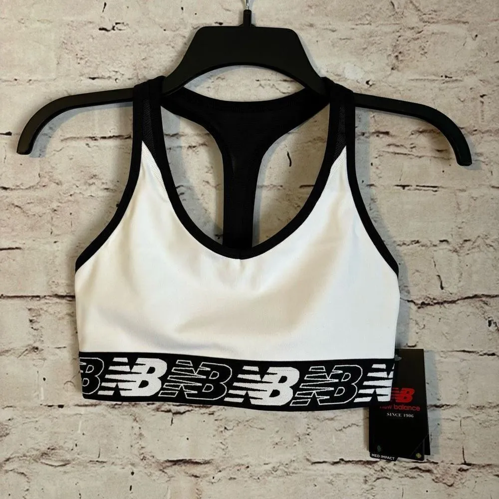 New Balance Pace Bra 3.0 Medium Impact Lined Womens Small Black White Racerback - Image 2