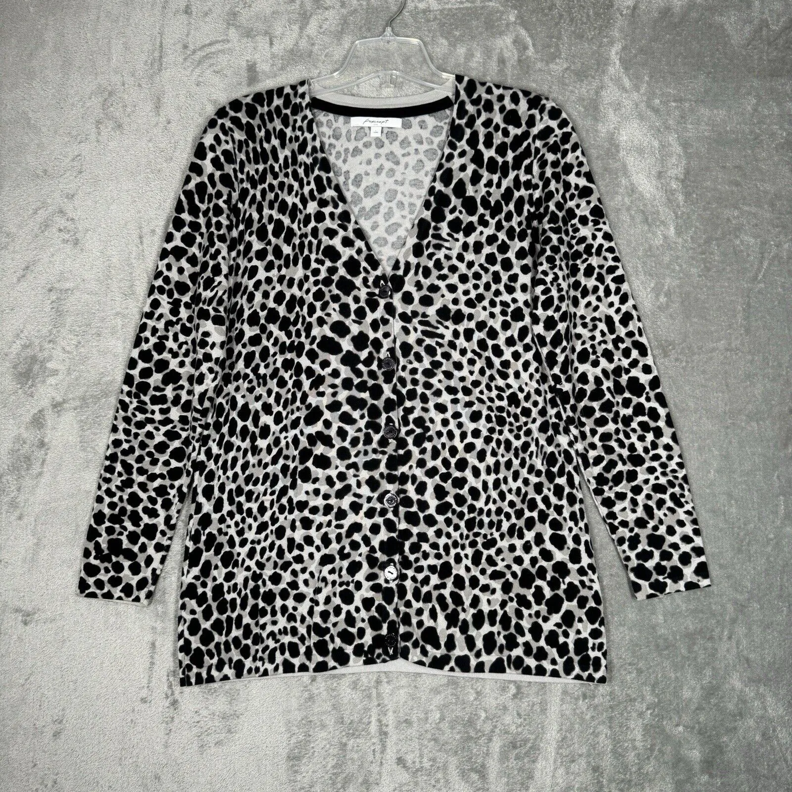 Foxcroft Sweater Womens Large White Black Leopard Cardigan Neutral Office Casual - Image 2