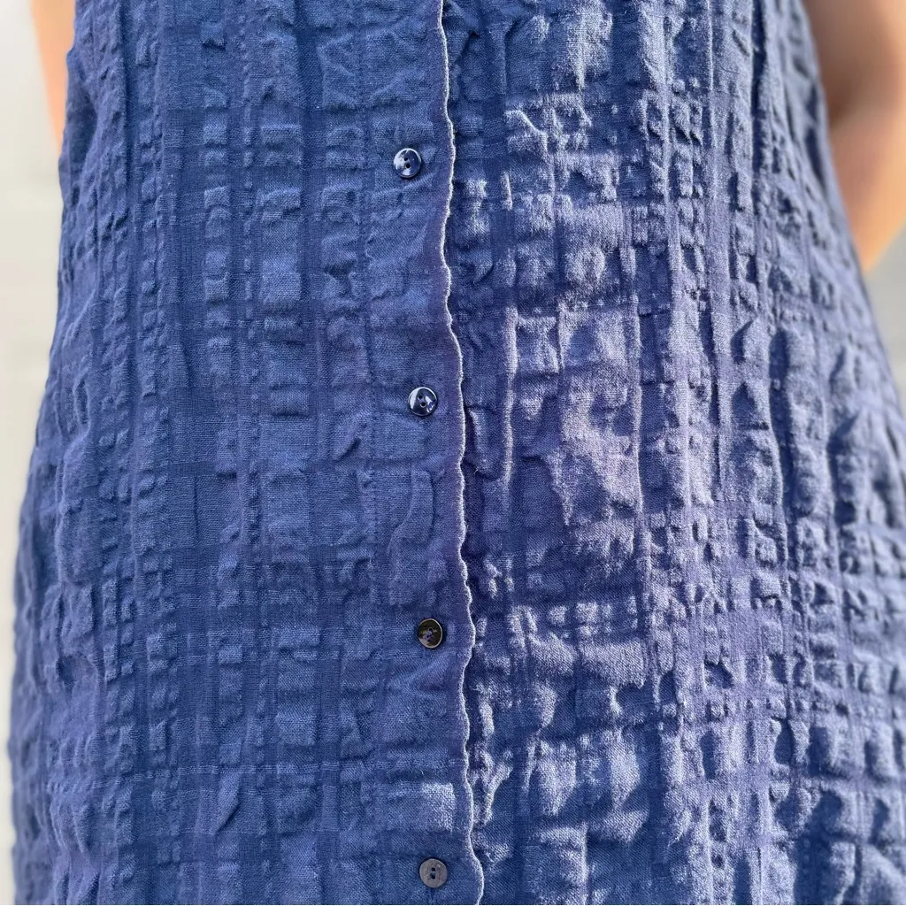 Eileen Fisher Navy Organic Cotton Windowpane Button Front Mini Shirt Dress XS - Image 5