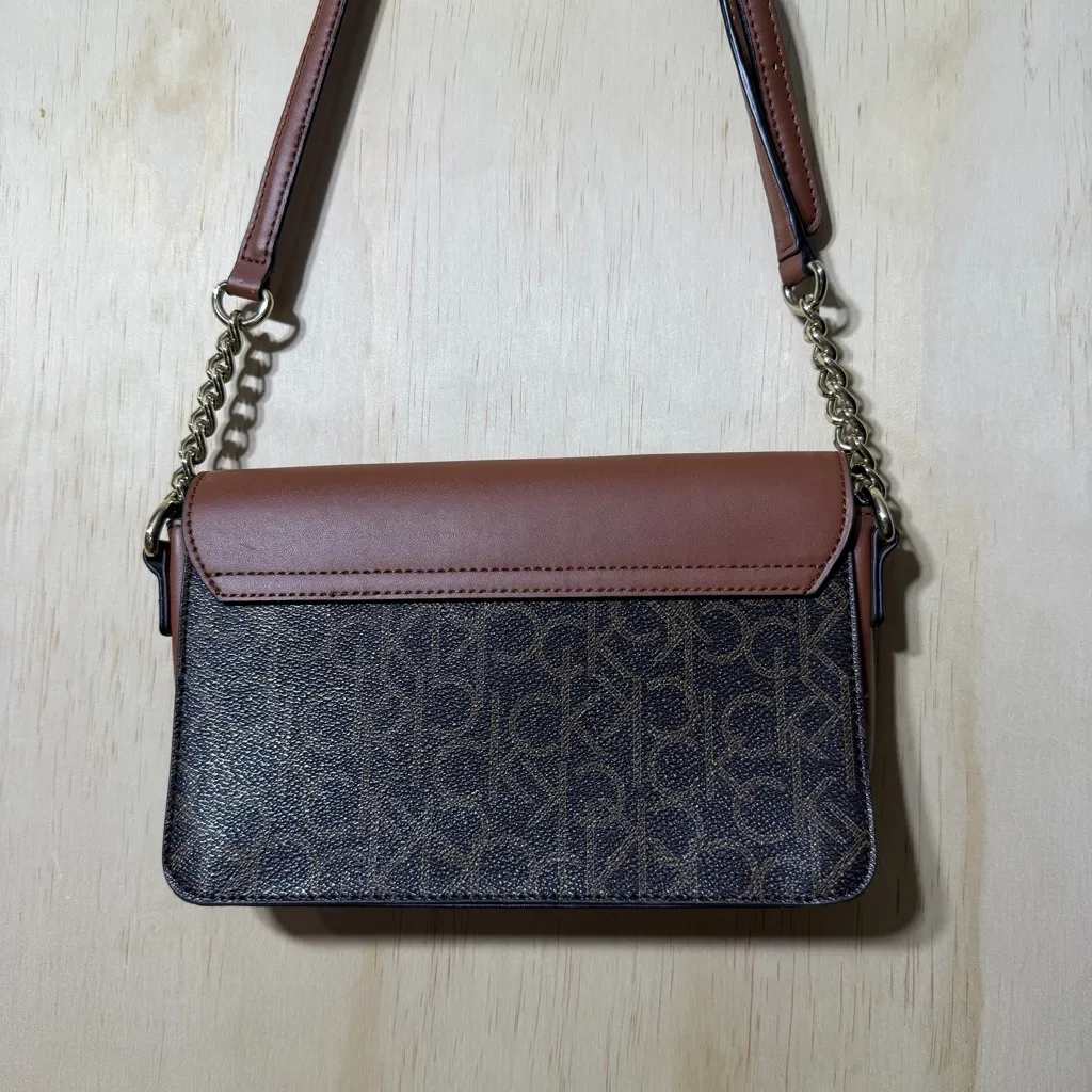 Calvin Klein Monogram Brown Leather Crossbody Shoulder Bag Chain Strap - Image 4