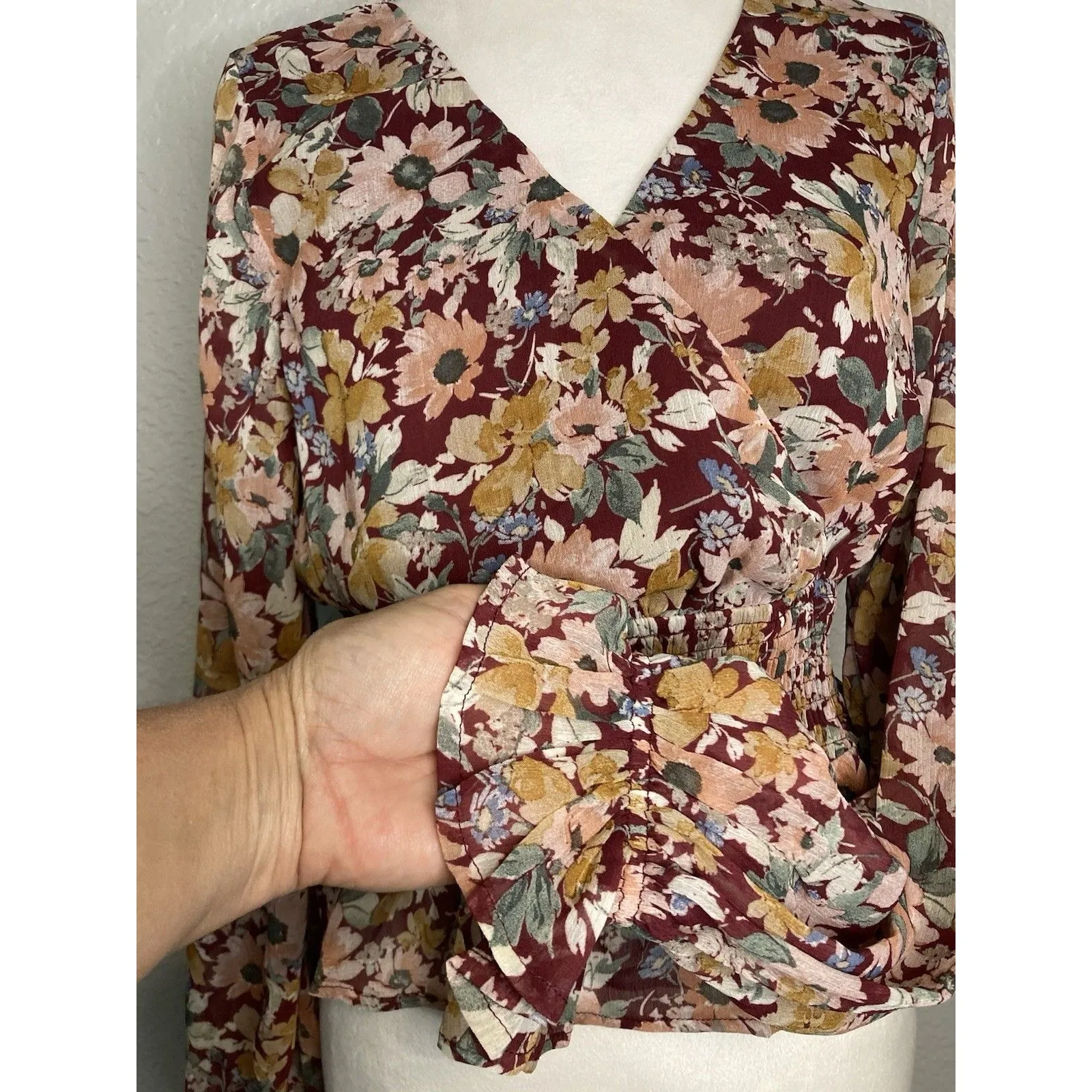 Fairy Floral Top Blouse Balloon Puffed Sleeve Smocked Waist Ruffles Womens M NEW - Image 3