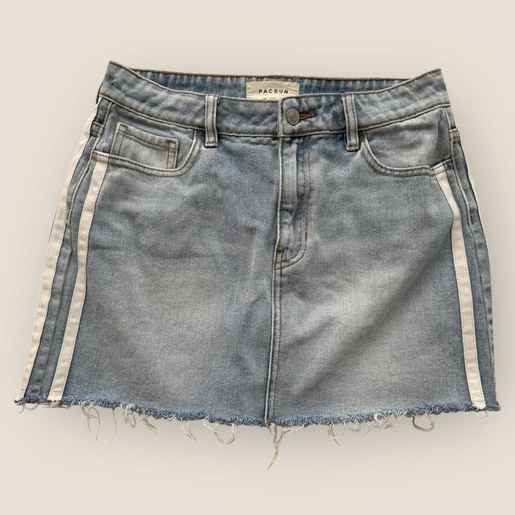 Pacsun | Denim Mini Skirt Raw Hem Side Stripe | Size 27 - Image 2