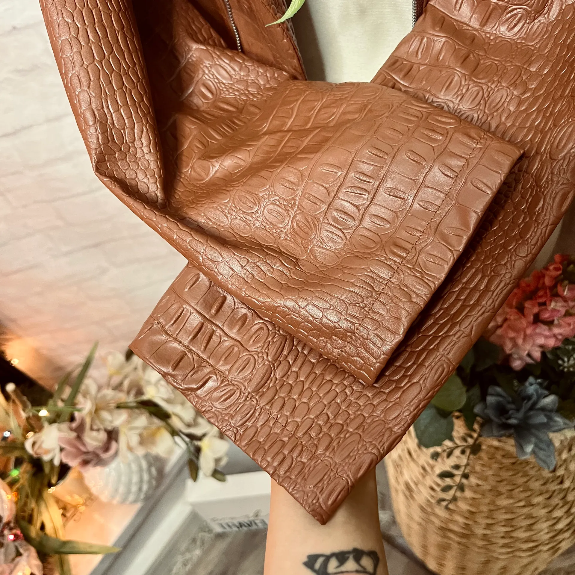 NEW Crocodile Moto Jacket Brown - Image 9