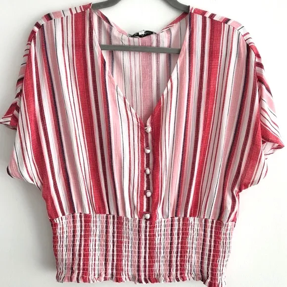 New  Striped Button Front Crop Top V-Neck Smocked Hem Pink Red Juniors Size Large - Image 2