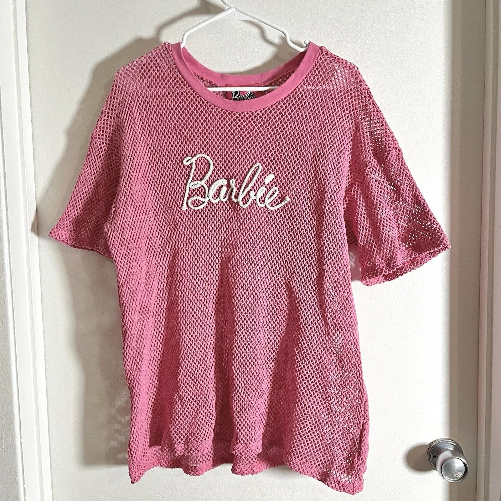Barbie x forever 21 Pink Net Shirt Top Swim Cover Up Sporty Barbiecore XL 80’s - Image 3
