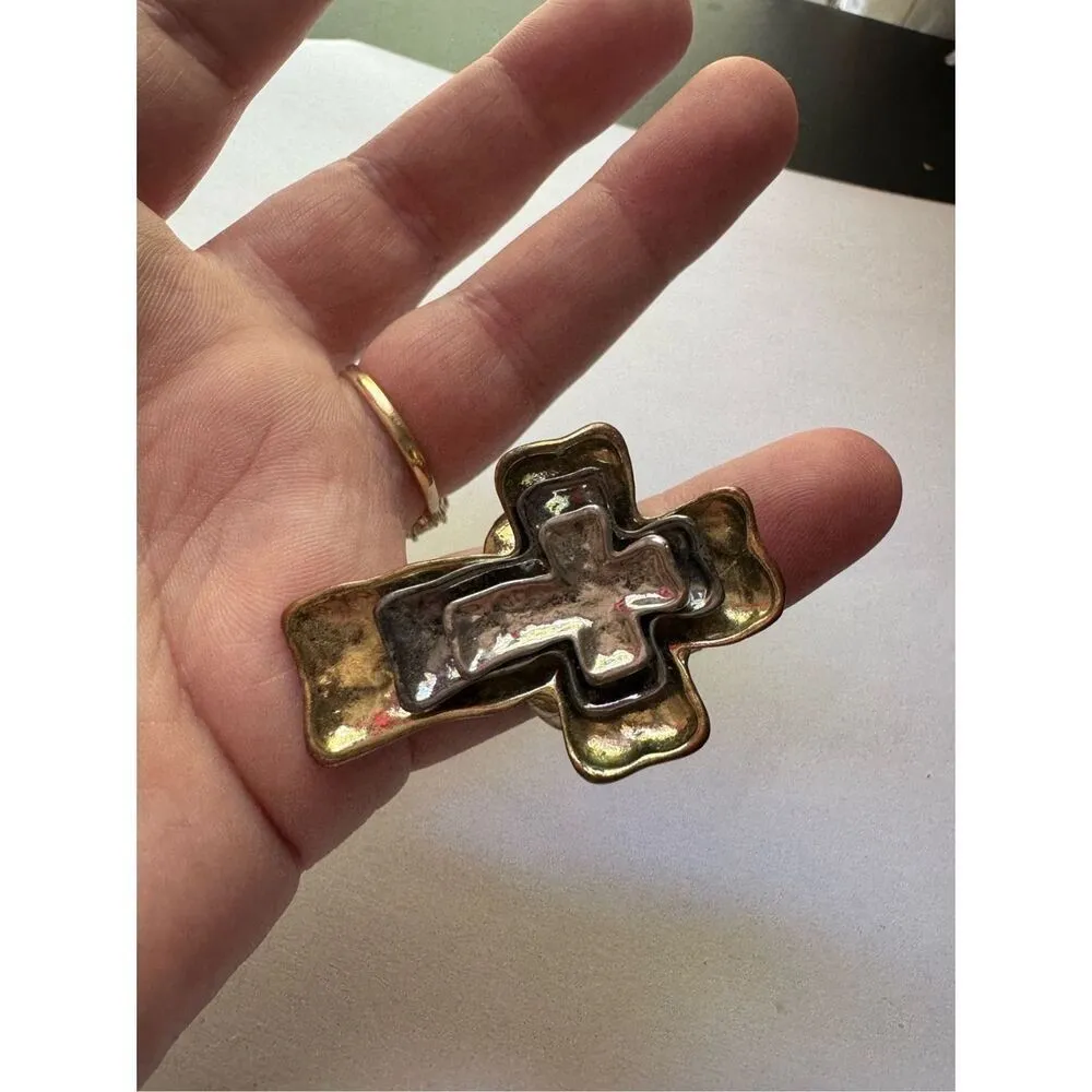 Womens Y2K Vintage Chunky Cross Gold Silver Tone Stretchy Cross Ring Western - Image 2