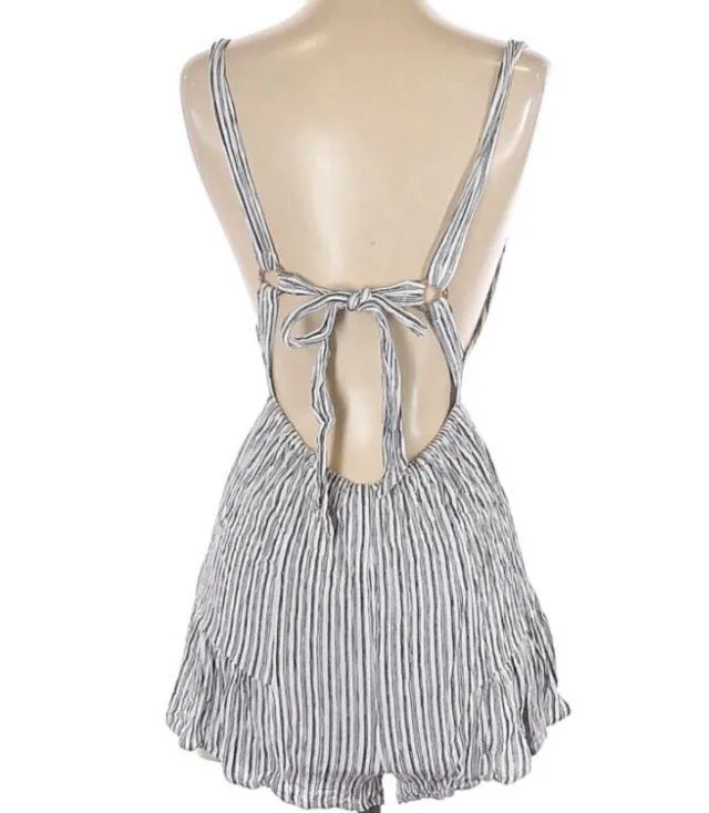 Open Tie Back Striped Romper - Image 2