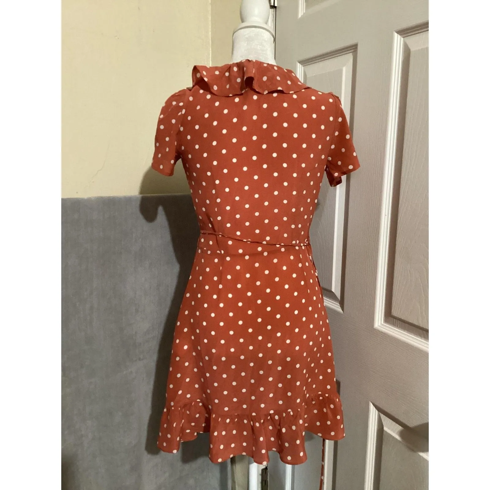 Realisation Par Dress Womens XXS Rust White Polka Dot Silk Wrap Ruffle Mini Orange - Image 3