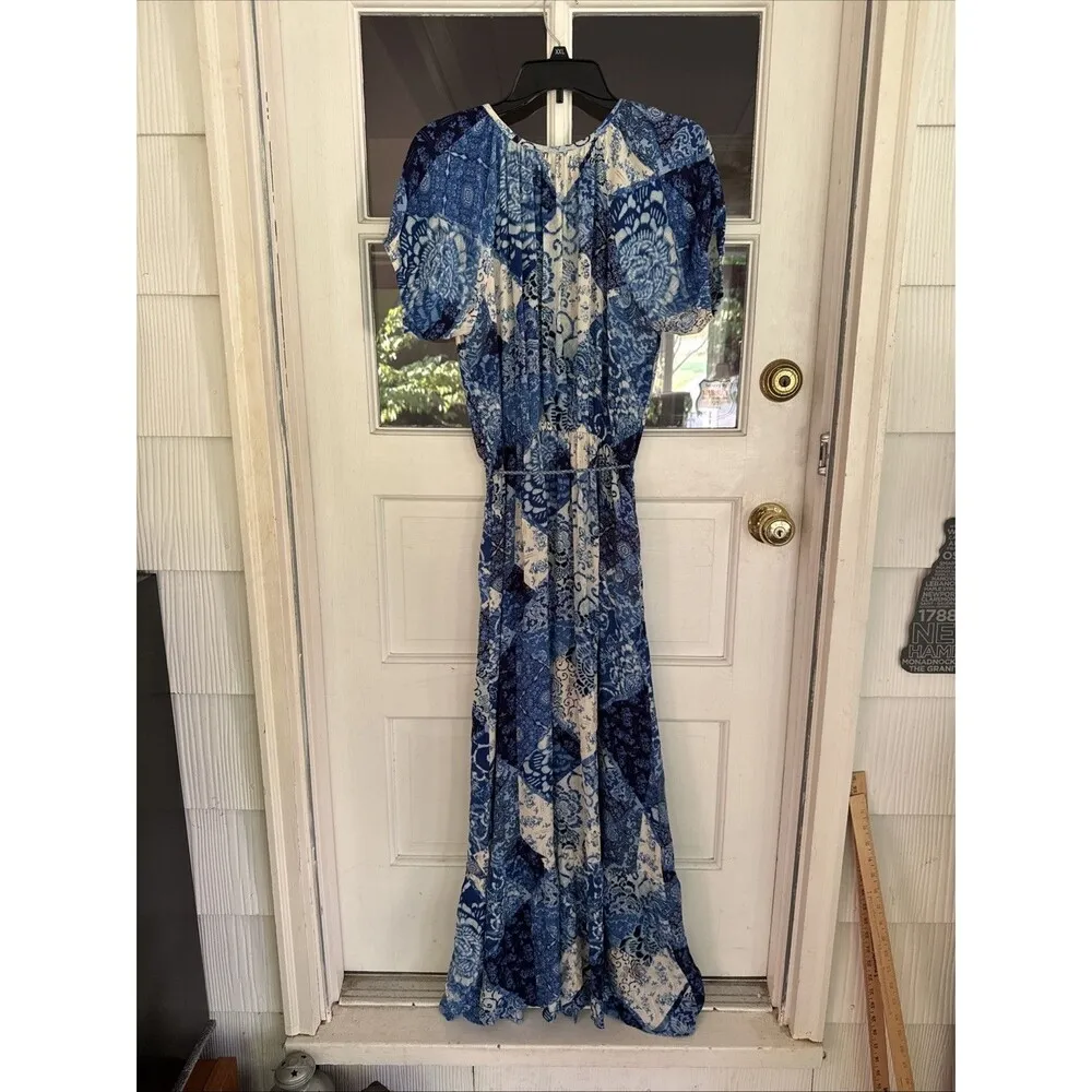 Love Stitch Bedford Patchwork maxi dress Blue Short Sleeve Tasselled Size M New - Image 10