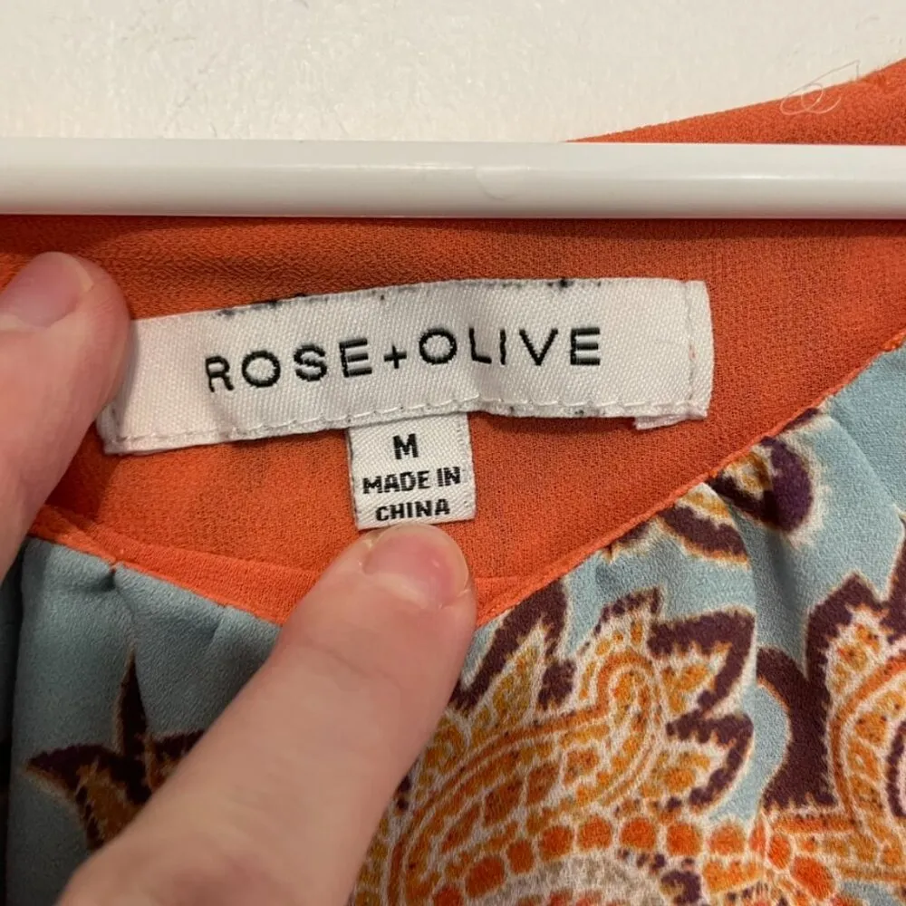 ROSE + OLIVE Orange Blue Paisley Geo Split Back Sleeveless Boho Tank Top Blouse - Image 3