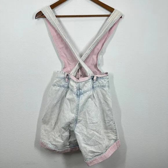 RIO Vintage 80s Denim One Piece Shortall Romper Acid‎ Washed Pink Striped Hem Blue - Image 5