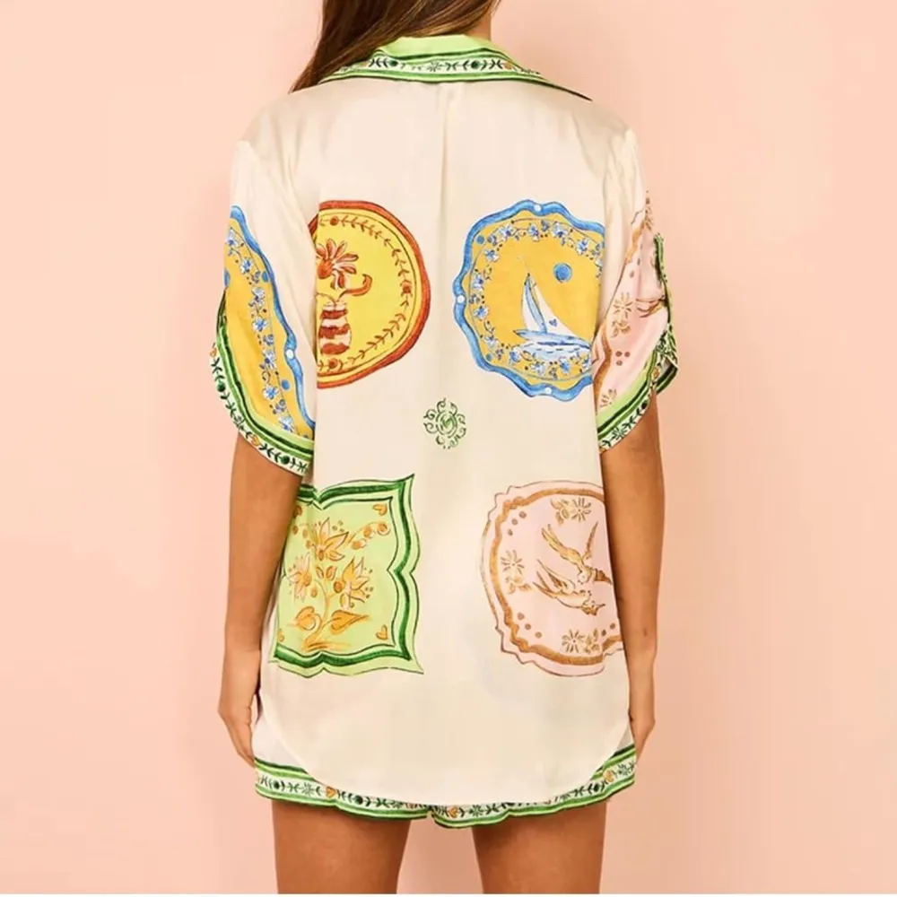 Boho Style Porcelain Print Pajama set or Beachwear Size Large Green - Image 3