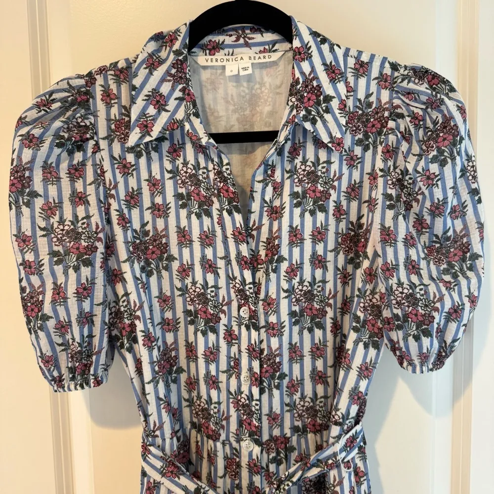 Veronica Beard Eunice Floral & Stripe Puff Sleeve Midi Dress | Size 0 - Image 5