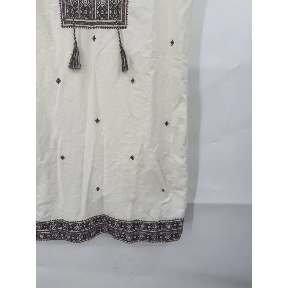 Madewell Shift Dress Women 4 Cream Red Embroidered Suncoast V Neck Boho‎ Tassle - Image 9