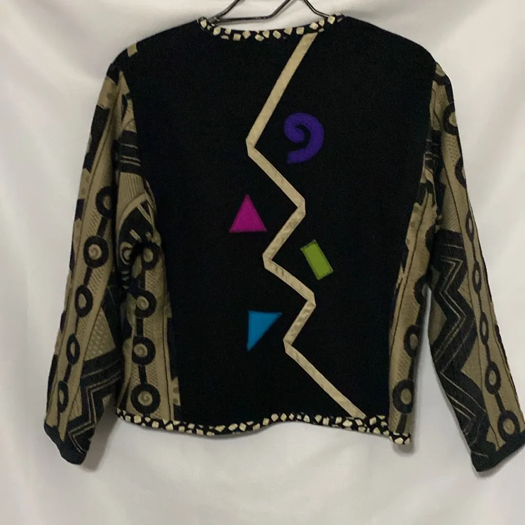 LYNN MURRAY WO SIZE SMALL 100% WOOL Colorful Geometric Patterned Jacket EUC Black - Image 11