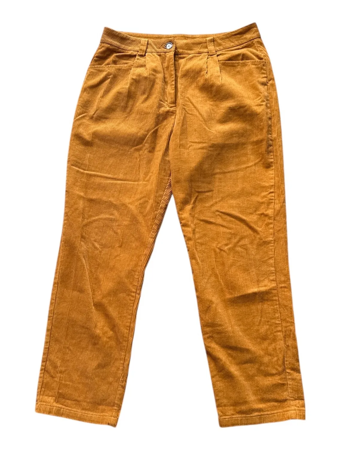 Mustard Yellow Corduroy High Waisted Pleated Trousers Pants Size 14 Gold - Image 1