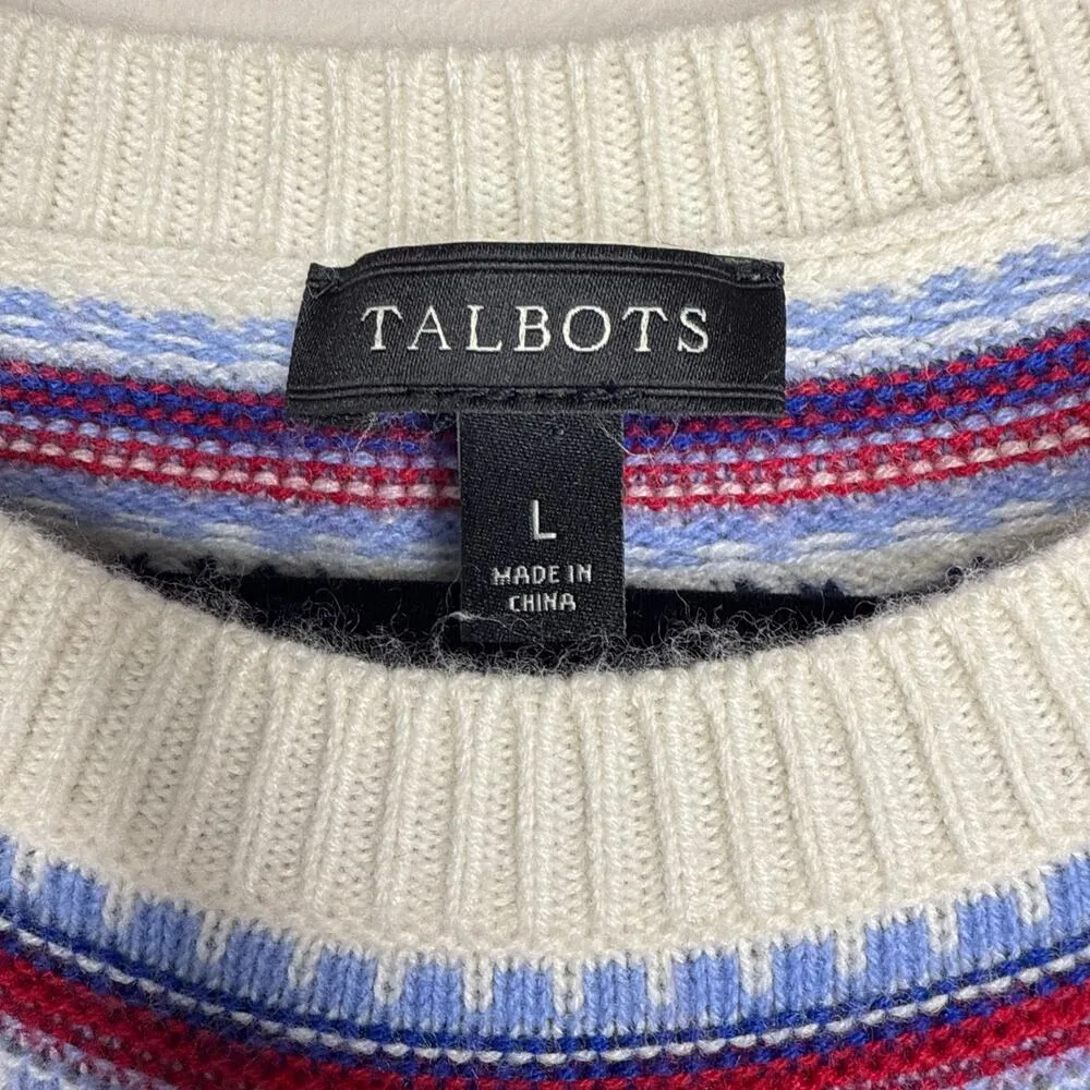 Talbots Nordic Fair Isle Cream Crewneck Lambswool Blend Sweater Large Fringe Ski - Image 2