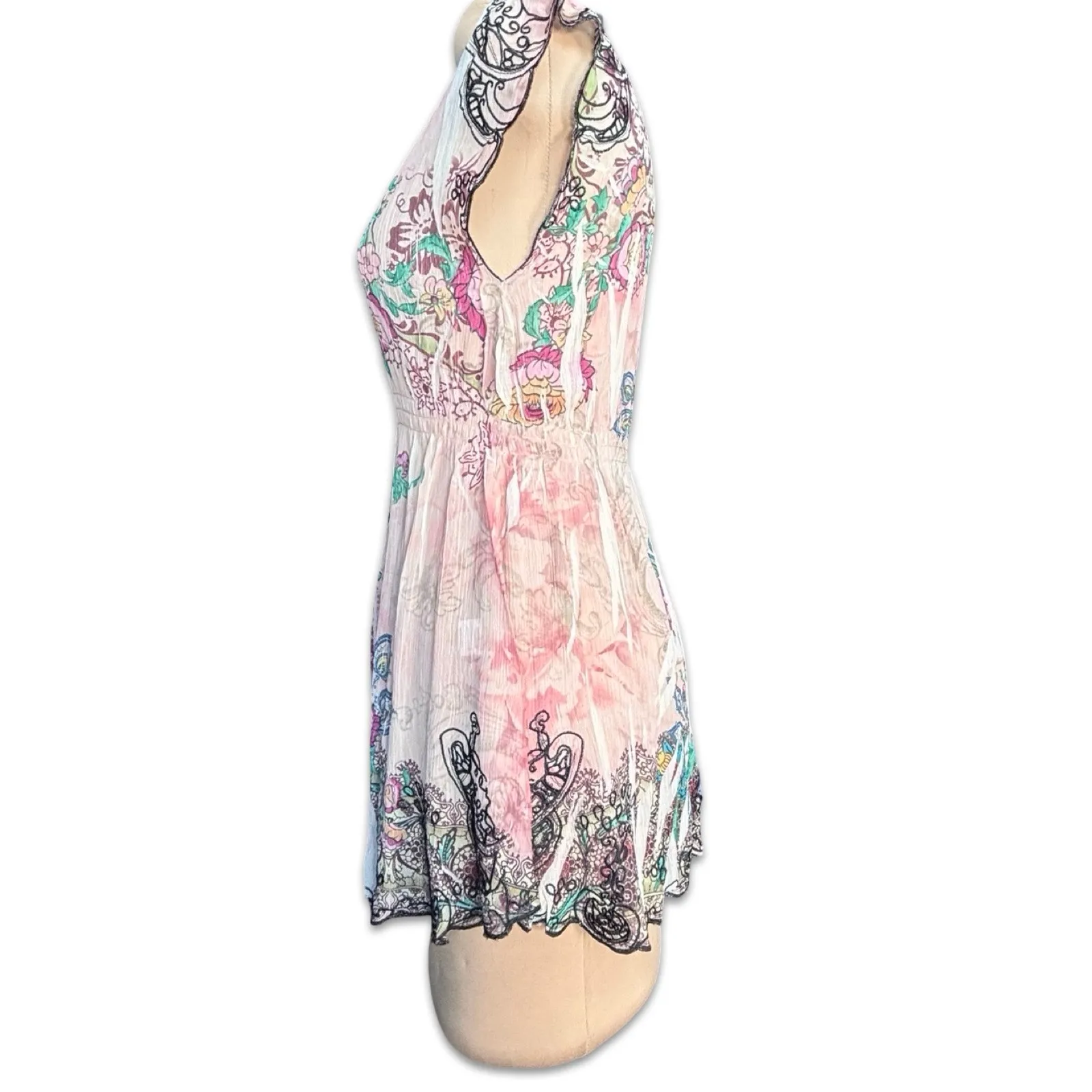 Y2K Mushka Sienna Rose Sheer Floral Crinkle Babydoll Top Fairycore Bohemian Pink Size L - Image 4