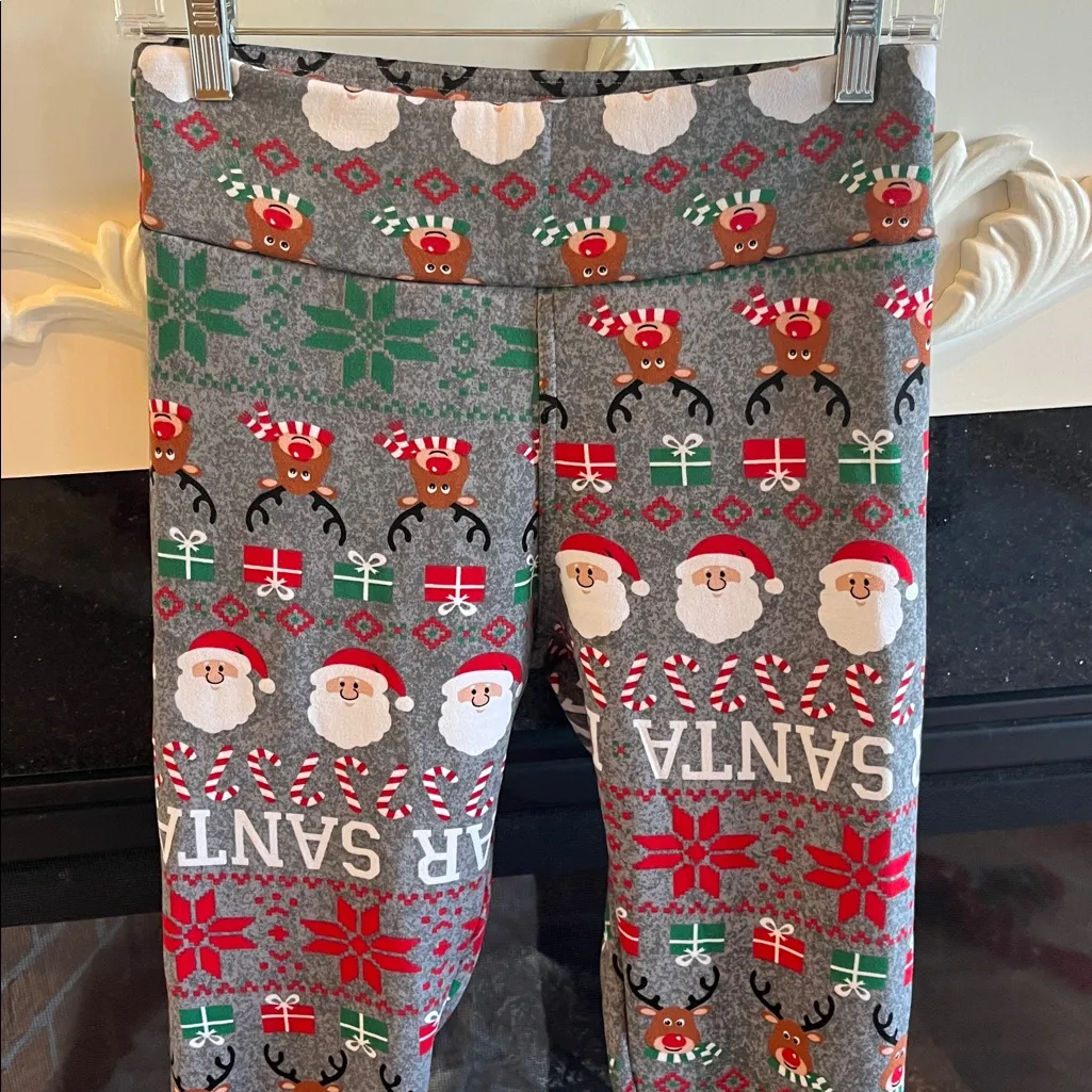 Christmas Gray Multicolor Leggings Santa Reindeer Candy Cane Comfy Loungewear M - Image 2