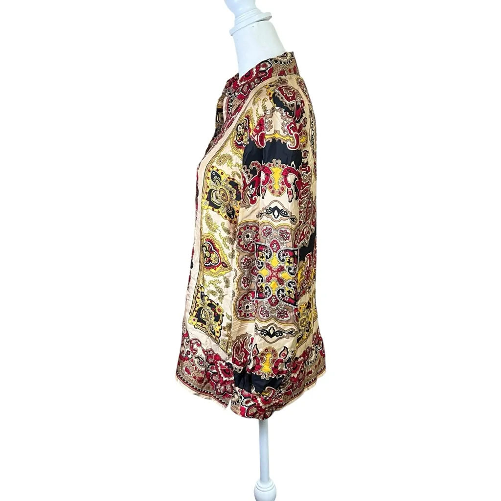 DANA BUCHMAN Paisley 100% Silk Button-up Top Red Gold Festive VTG Sz 6 Petite - Image 2