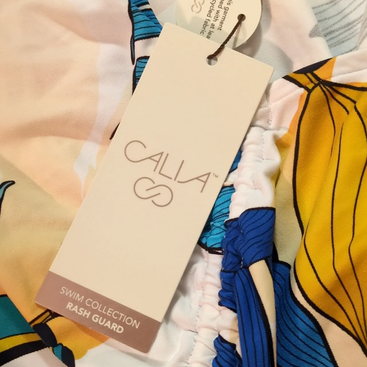 Calia Botanical Print White Ruched Rash guard Size Large Blue - Image 6