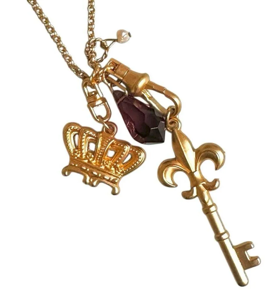 Mud Pie Gold Tone Charm Necklace Crown Key Fleur-de-Lis Purple Crystal - Image 9